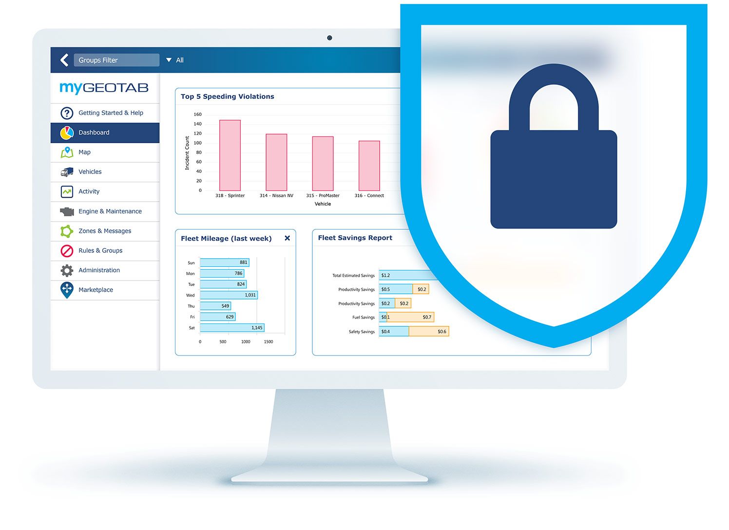 MyGeotab dashboard with a lock in front
