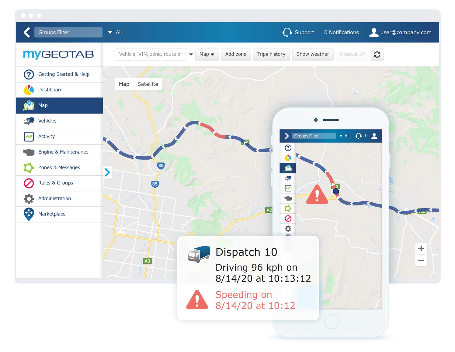 MyGeotab routing and dispatching UI in a tablet and phone