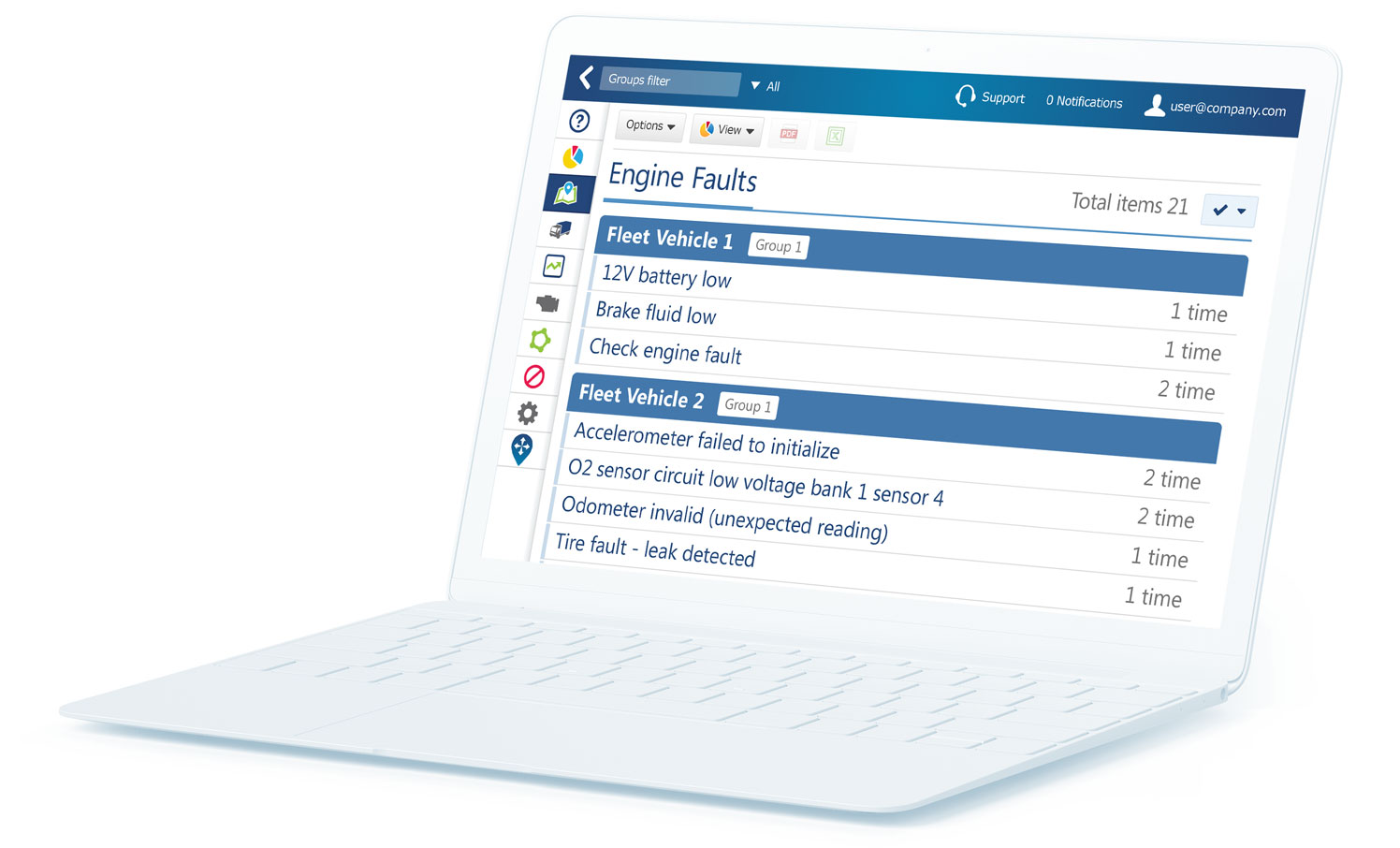 Fleet maintenance MyGeotab UI mockup on a laptop
