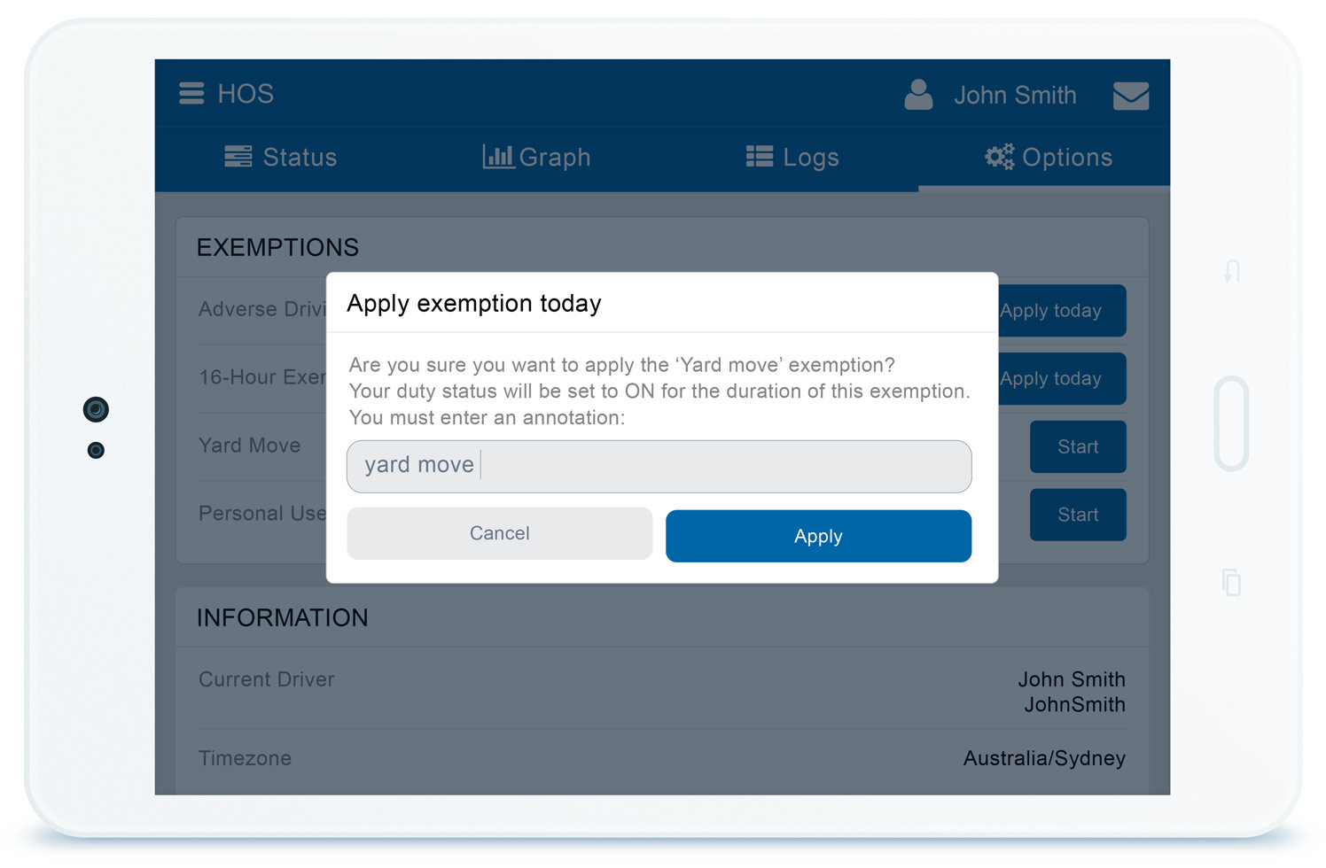Apply exemption feature in MyGeotab Exemption window on MyGeotab interface