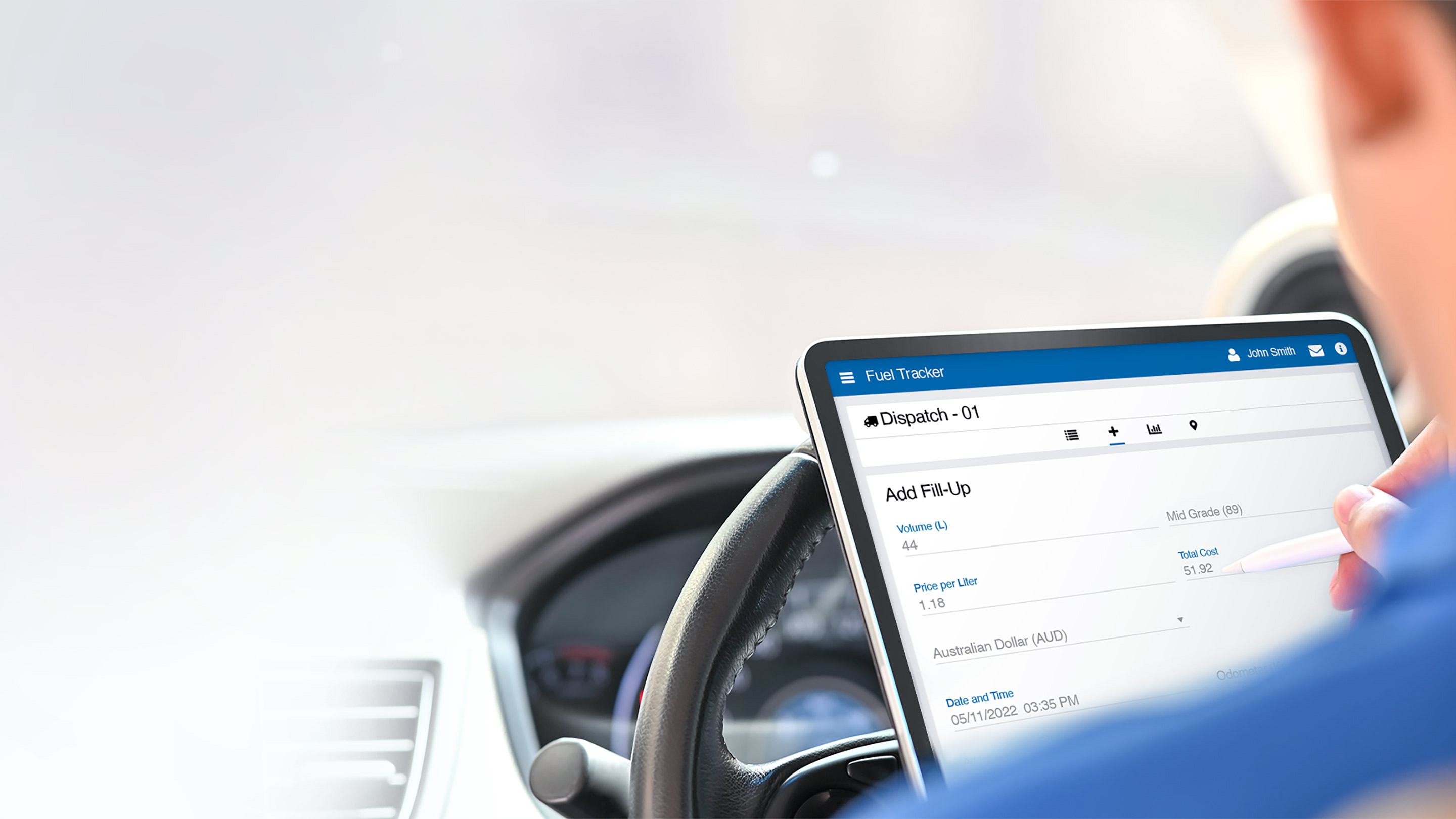 Person using MyGeotab's Fuel Tracker on their tablet