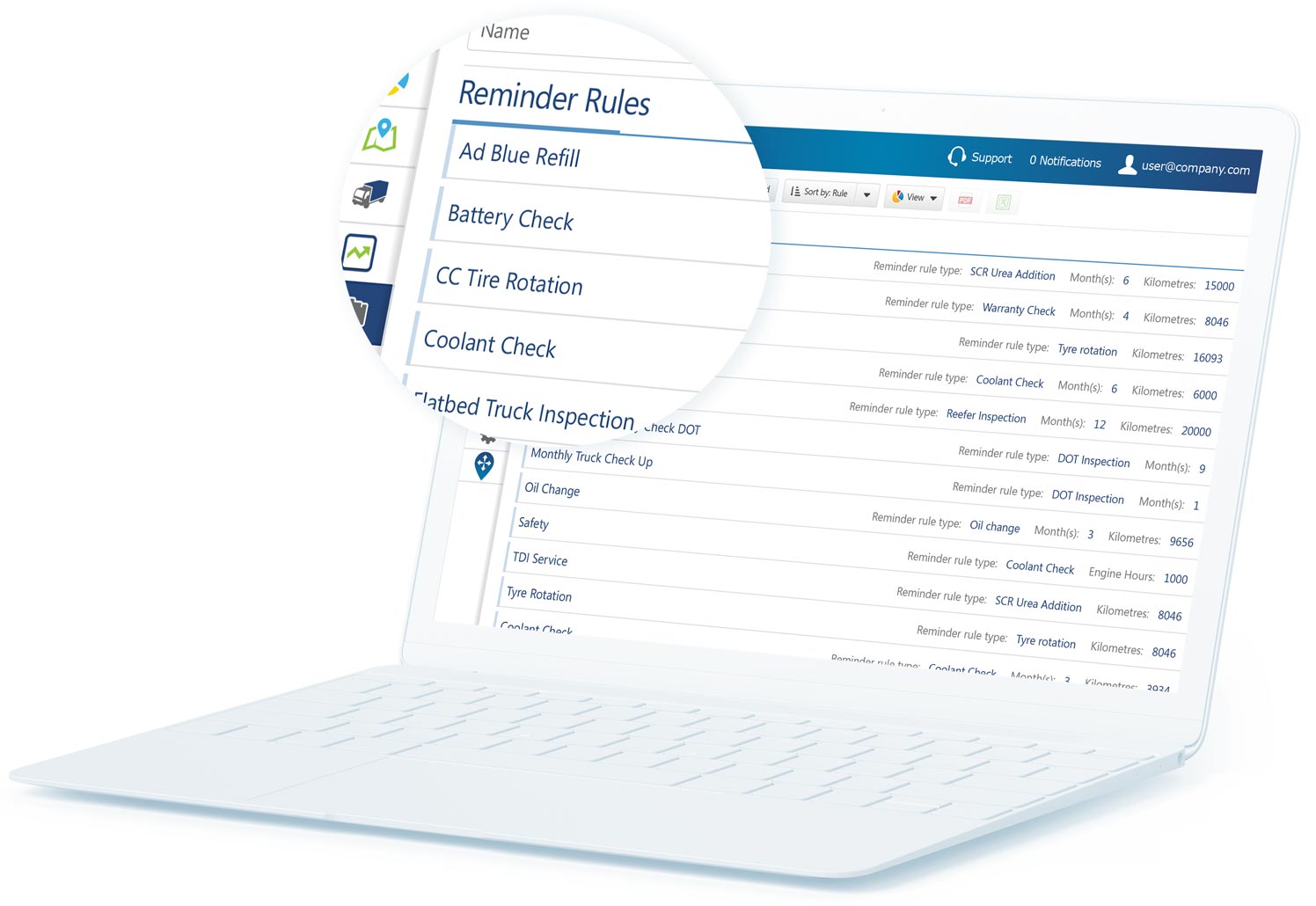 Maintenance reminder rules in MyGeotab MyGeotab maintenance reminder rules displayed on a white laptop with a callout magnifying some content