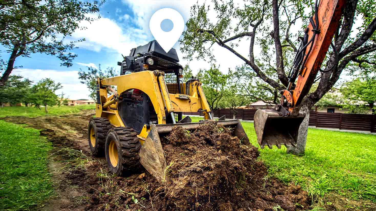 Landscaping machinery with GPS icon hovering overtop