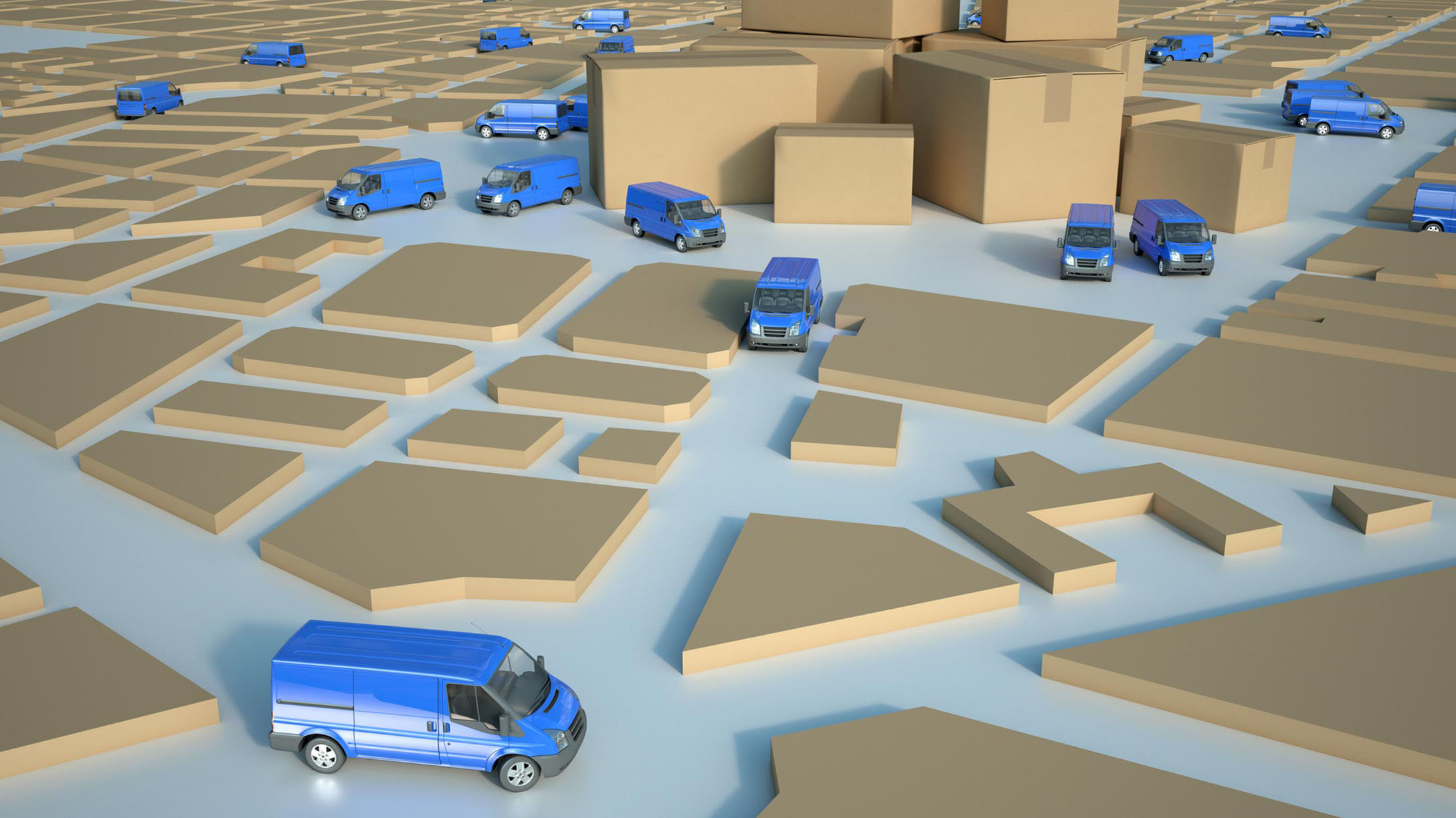 Vans delivering packages on a grid of streets