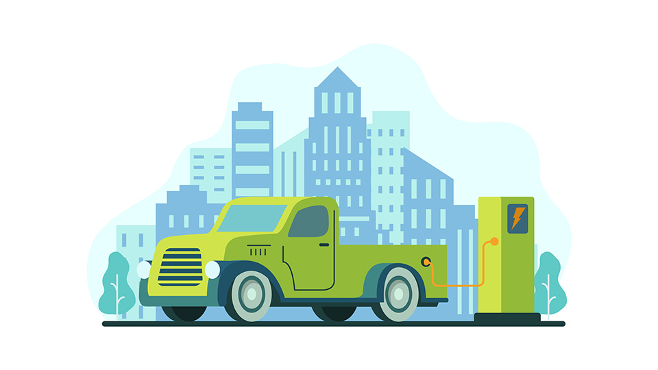 Illustration of a city and a green electric truck charging
