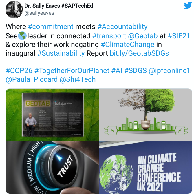 Publicación de la Dra. Sally Eaves en Twitter que habla sobre el compromiso de Geotab de no negar el cambio climático.