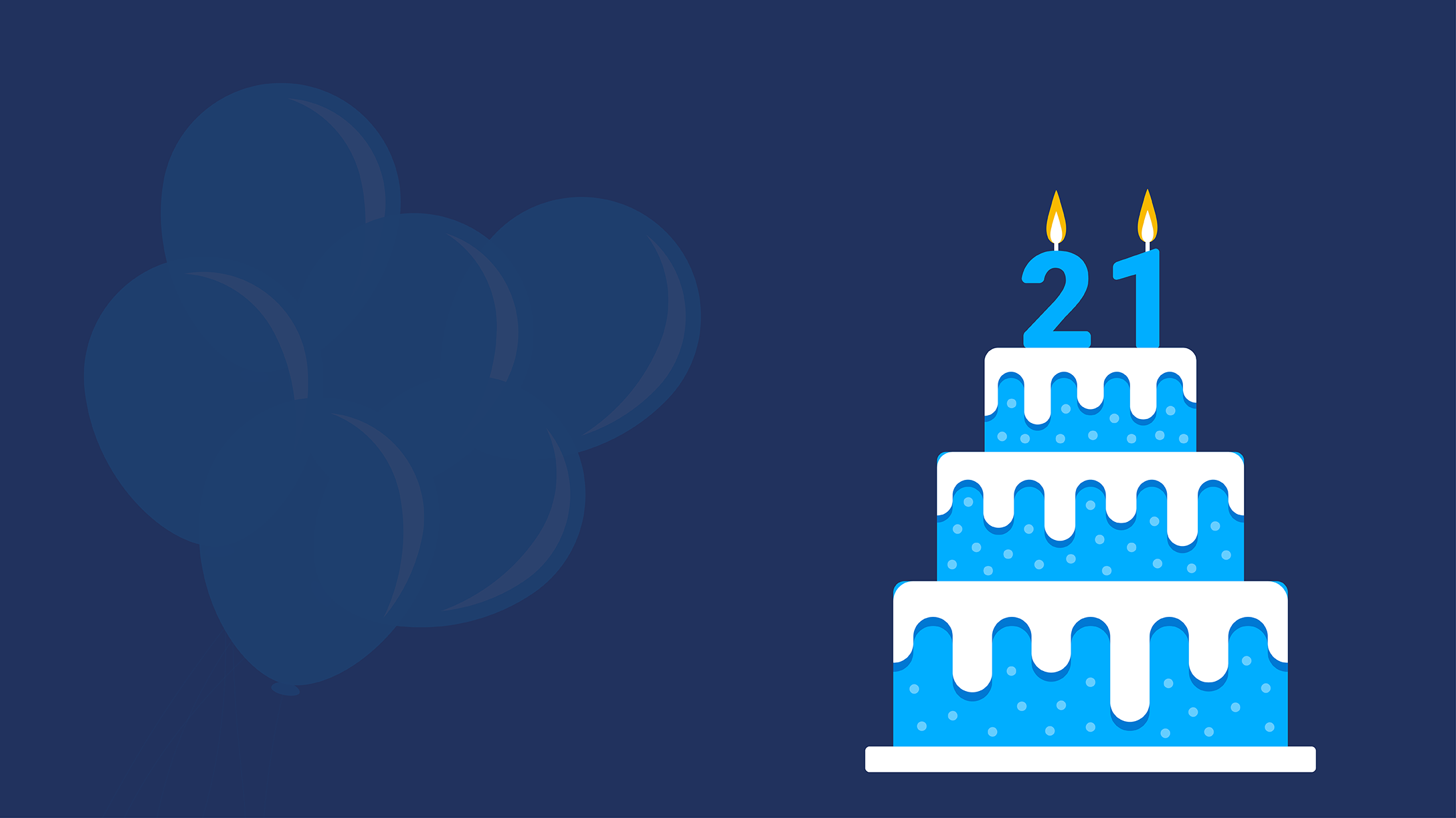 Banner a sfondo blu con la torta Geotab candeline per il 21 anniversario