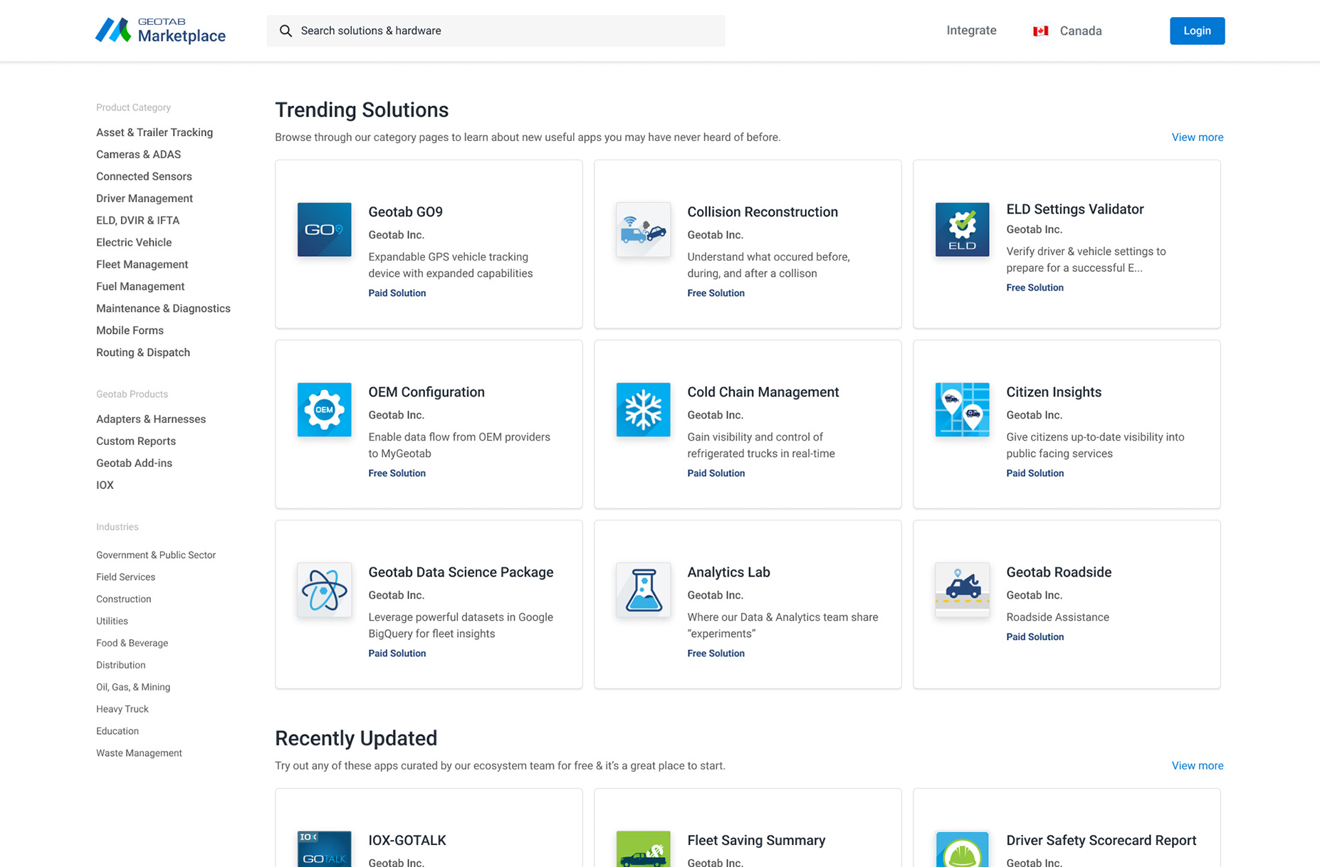 New Marketplace homepage showing Trending and Recently Updated solution categories, and navigation menu on the left side