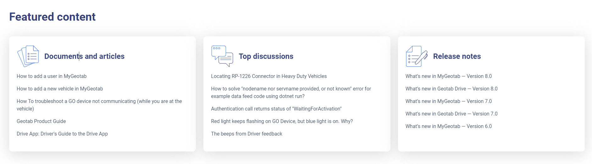  Featured content menu on Geotab Support Center 