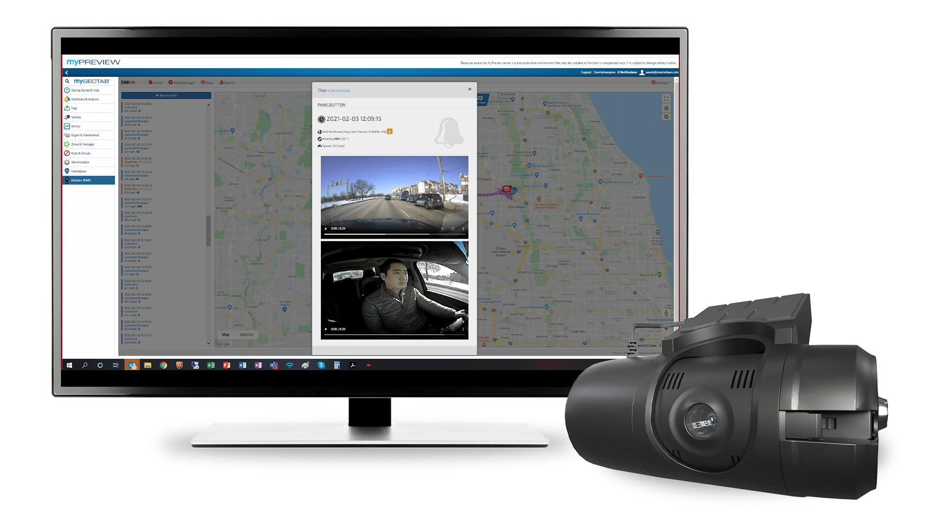 a computer screen showing a map with two videos on the screen showing a driver driving and the view he can see