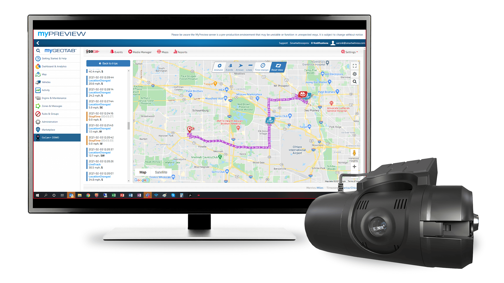 Trip View: Review fleet trips and pull captured video from any point along that trip in MyGeotab.