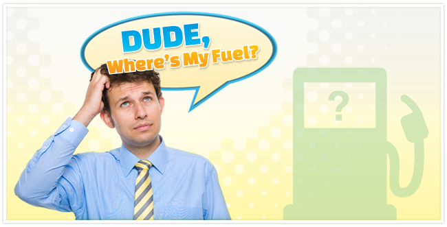 Male wearing a blue shirt and yellow tie scratching his head with a green gas pump station next to him and a speech bubble over head saying "Dude, where's my fuel?"