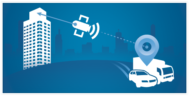 Graphic of a satellite sending data from a car and van to a building