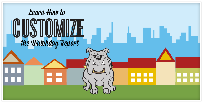 A cartoon of a grey bull dog sitting on grass with houses and the city behind it