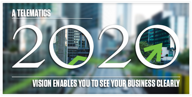 "A Telematics 2020 Vision Enables You to See Your Business Clearly" in writing with a blurred background of a city. The space in the zeros is not blurred and the city can be seen.