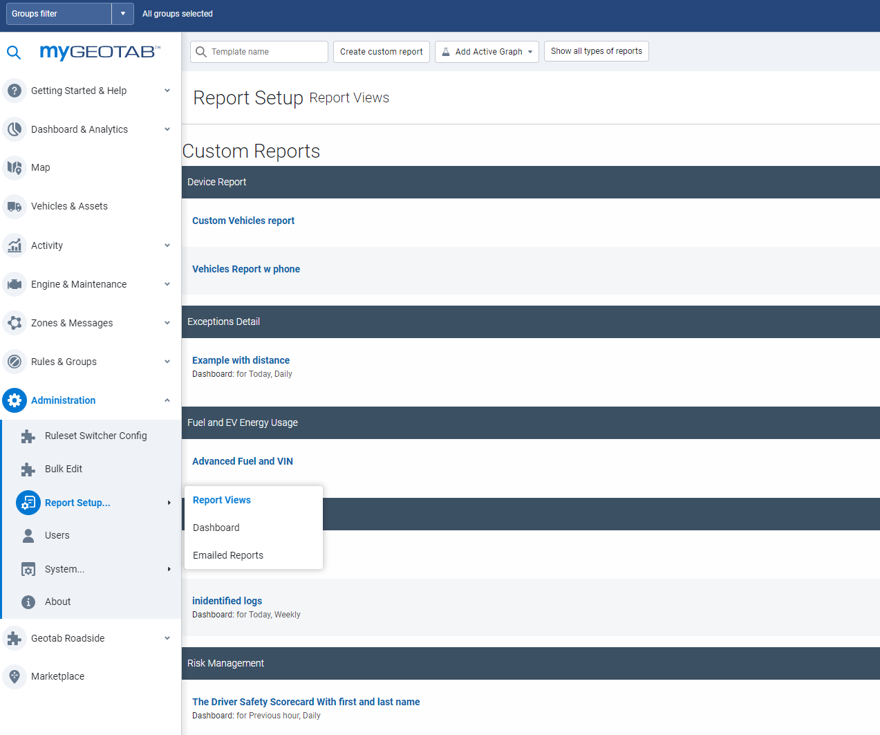 mygeotab report views section