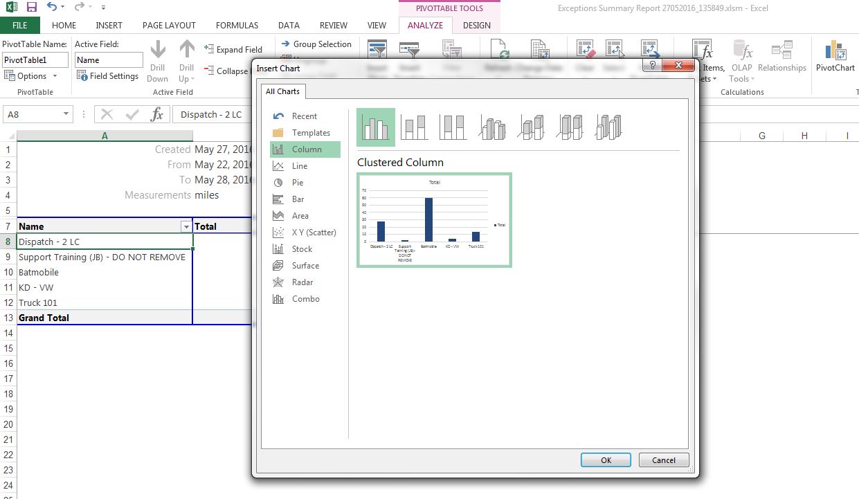 selecting chart type menu
