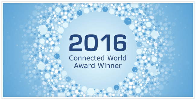"2016 Connect World Award Winner" surrounded by hexagons that are different shades of blue 
