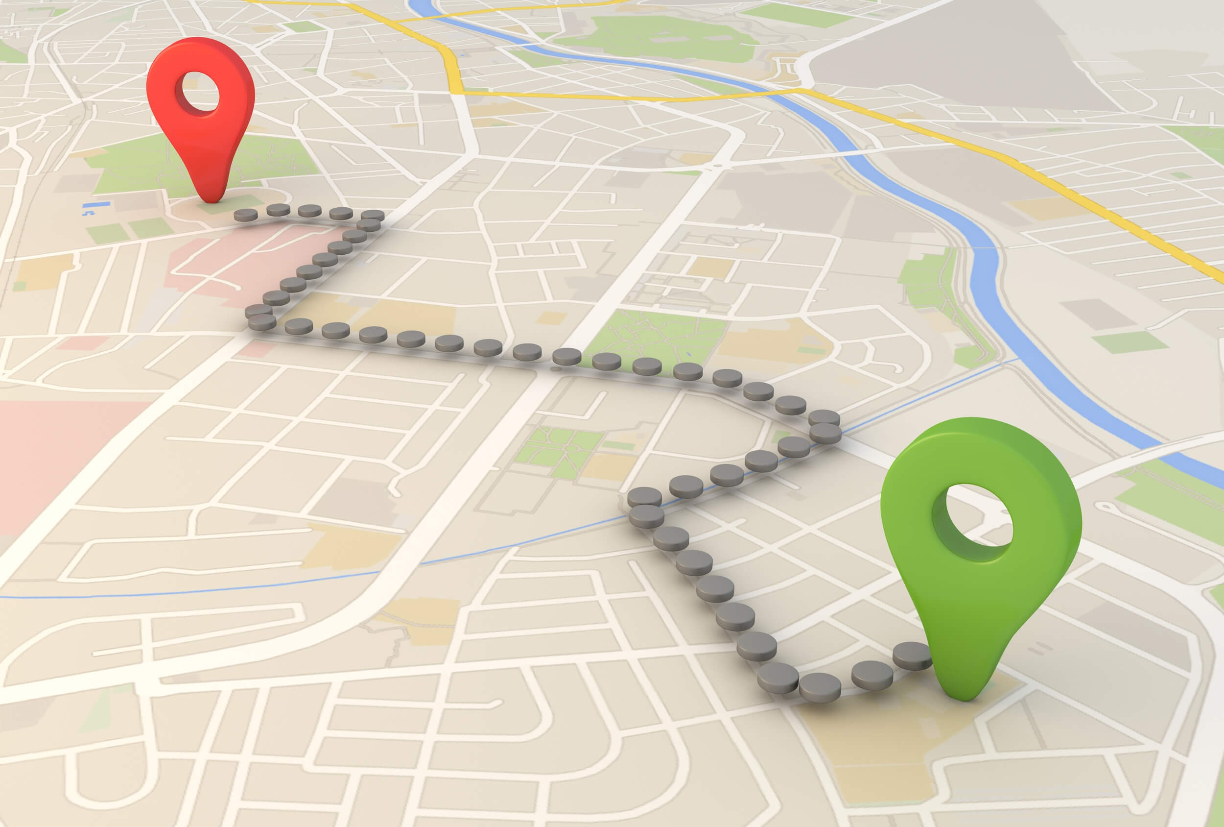 two gps points on a 3D map representing a route from point a to point b