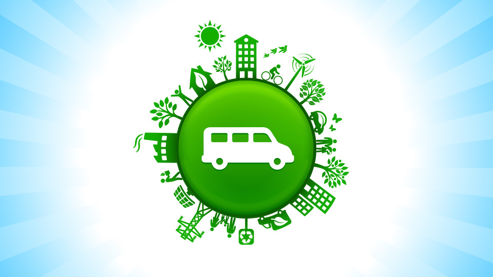 Cartoon of a vehicle in a circle connected to green icons