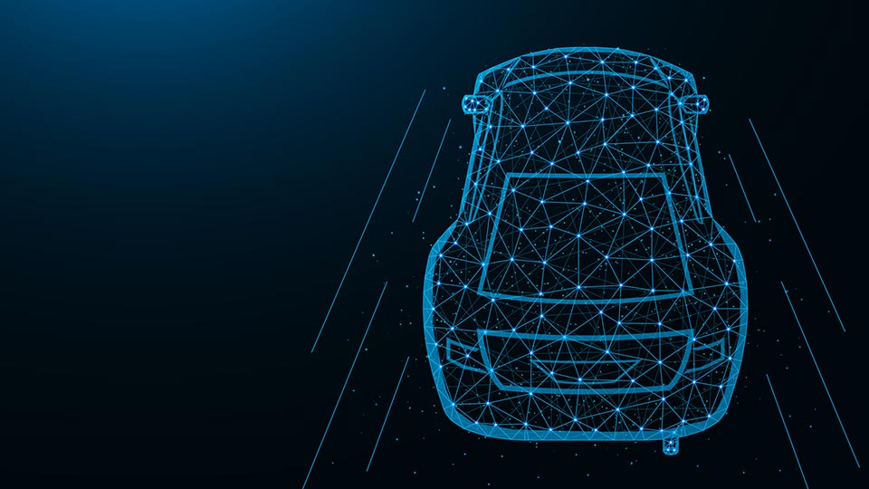 Blue connected car drawing on a black background