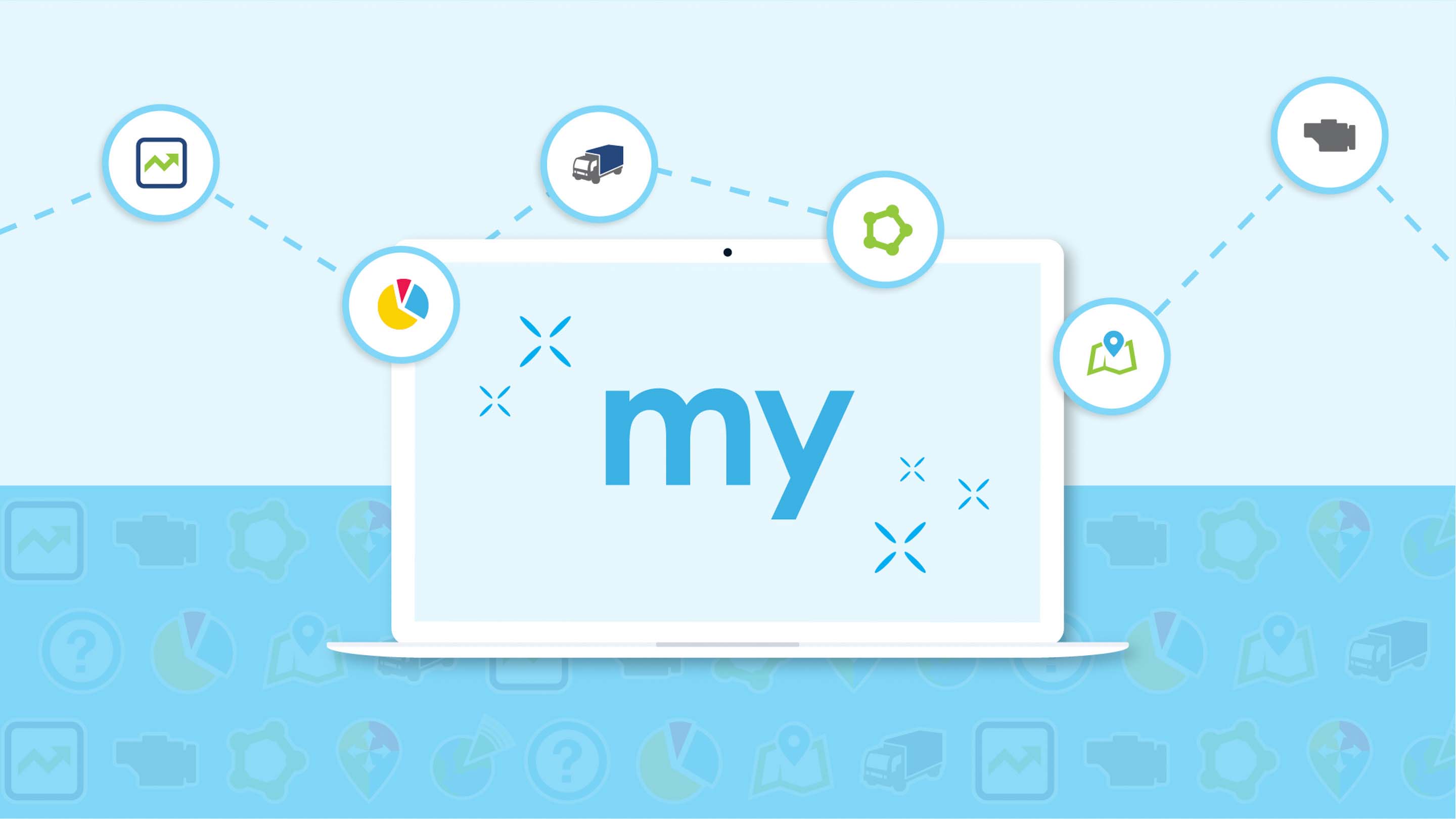 MyGeotab logo auf einem bildschirm mit blauem Hintergrund. 