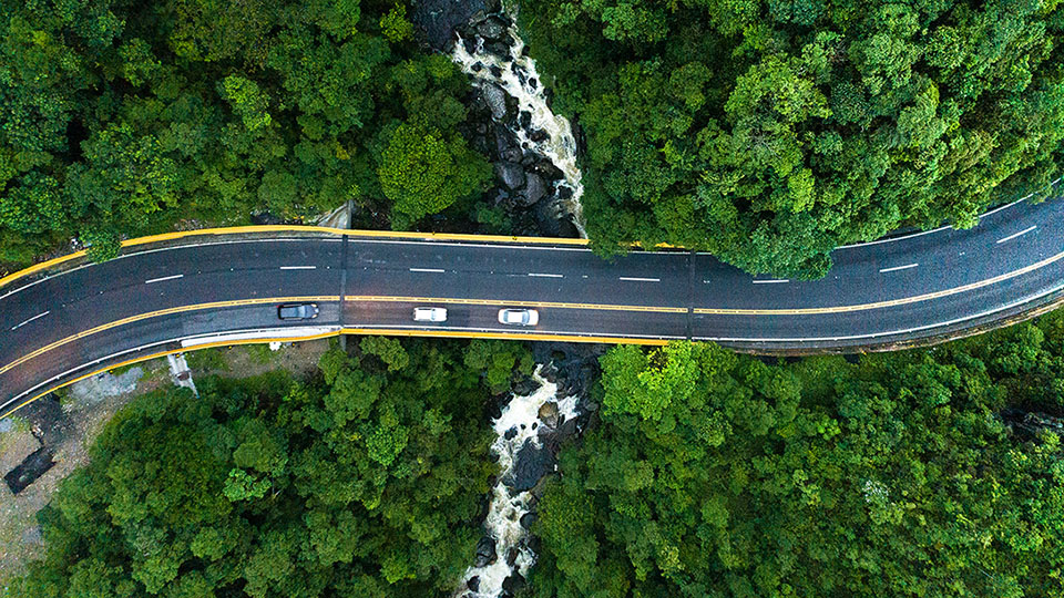 Image taken from above showing three cars driving on a road between green forest