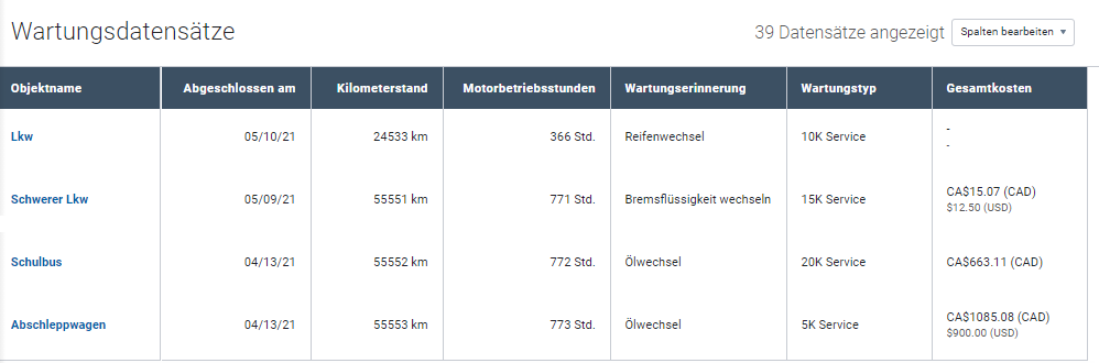 Tabelle mit Wartungsdatensätzen