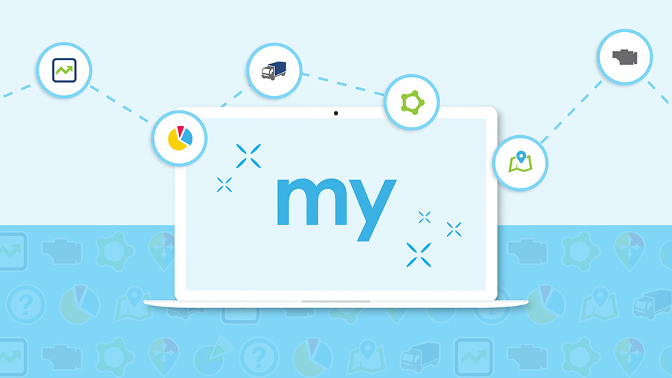 MyGeotab Logo auf dem Bildschirm eines weißen Laptops mit hellblauem Hintergrund