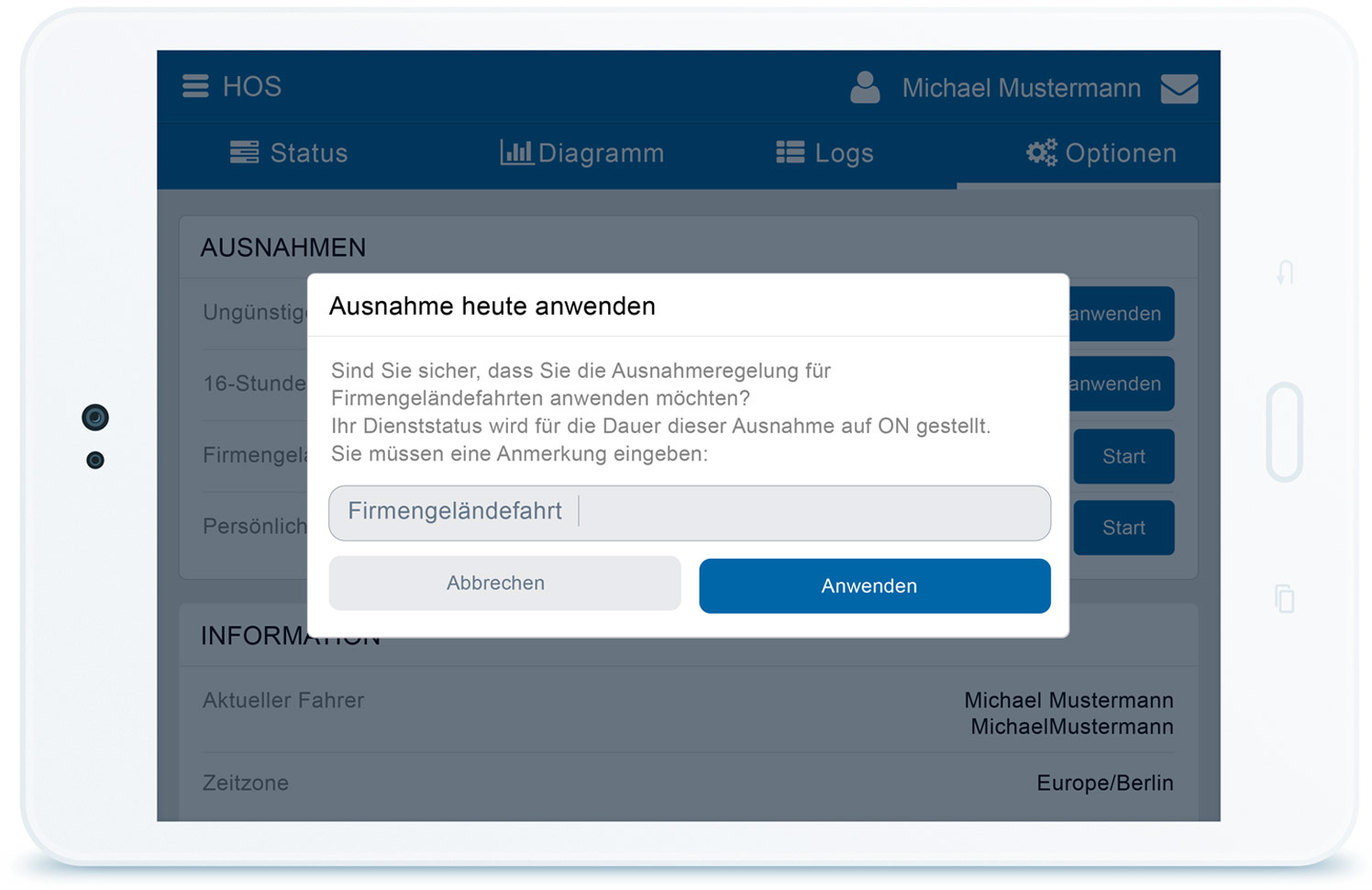 Ausnahmen-Fenster auf der MyGeotab-Oberfläche