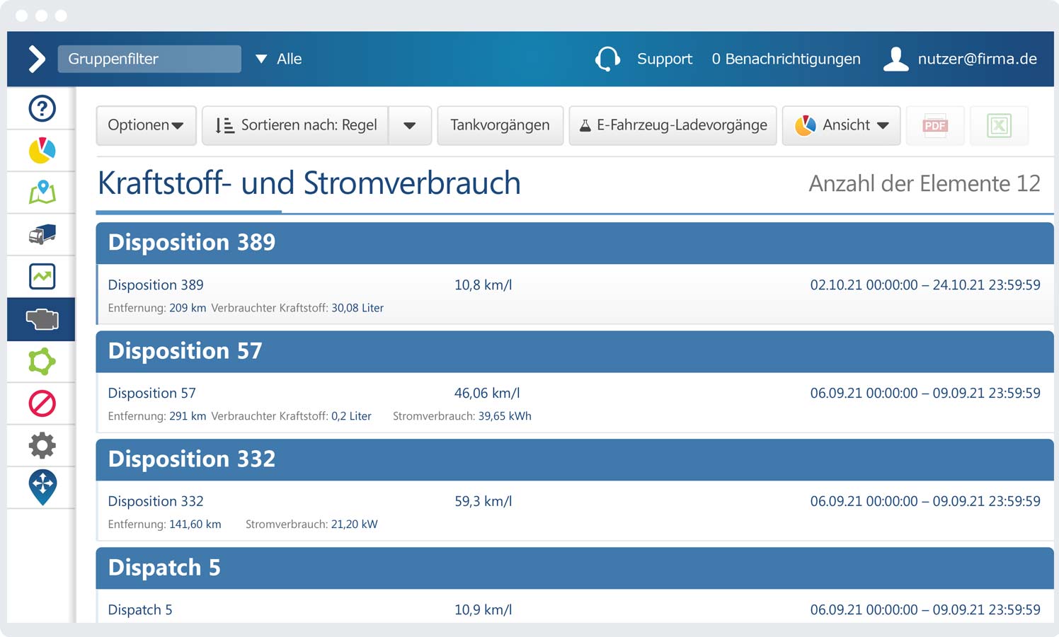 Kraftstoff- und Stromverbrauchsbericht auf der MyGeotab-Benutzeroberfläche