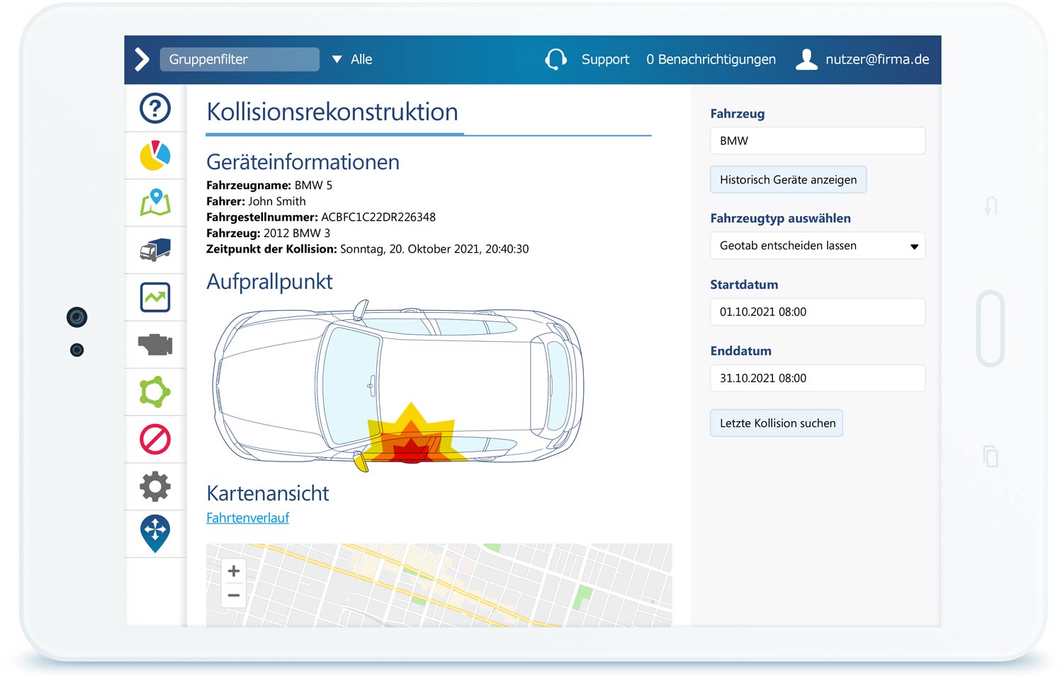 Kollisionsbericht auf der MyGeotab-Benutzeroberfläche auf einem weißen Tablet