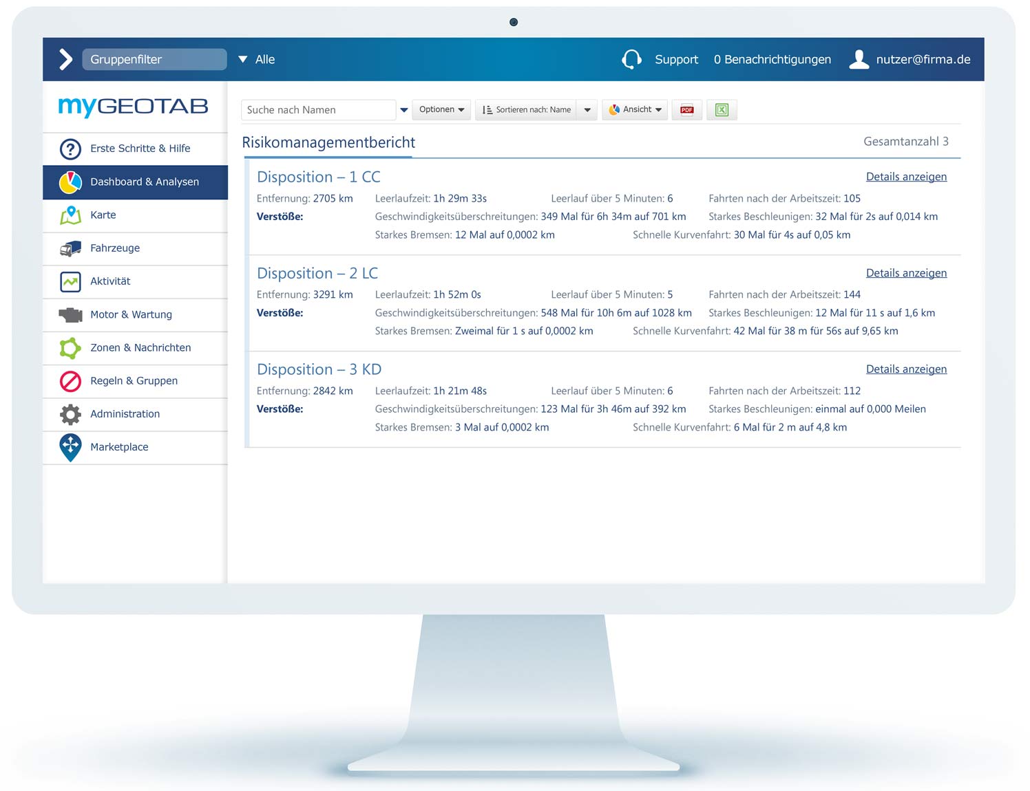 Risikomanagementbericht auf der MyGeotab-Benutzeroberfläche auf einem Computermonitor