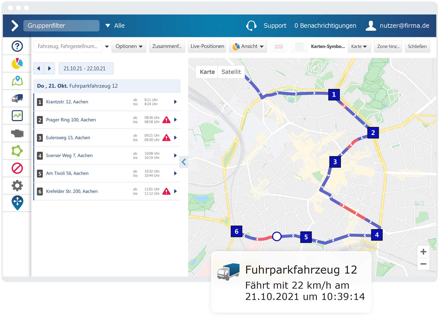 Fahrtenhistorie auf der MyGeotab-Benutzeroberfläche in einem Browserfenster