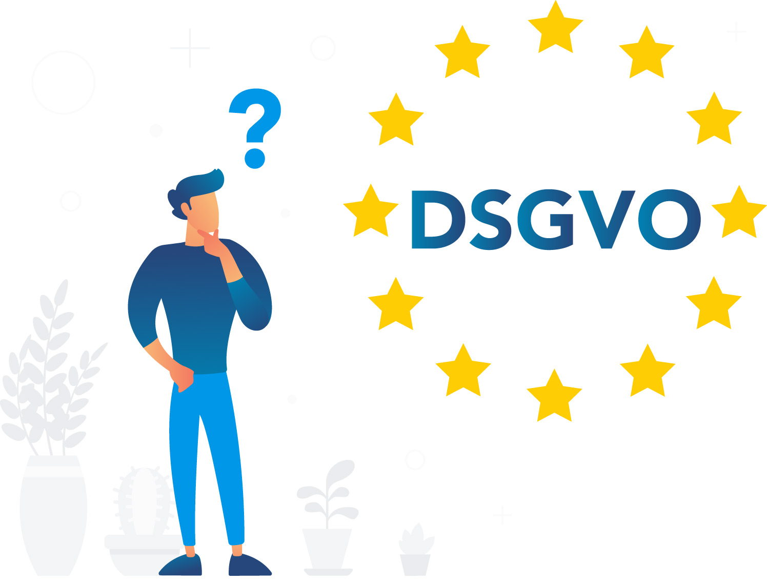 Illustration eines Mannes, der auf das DSGVO-Logo schaut.