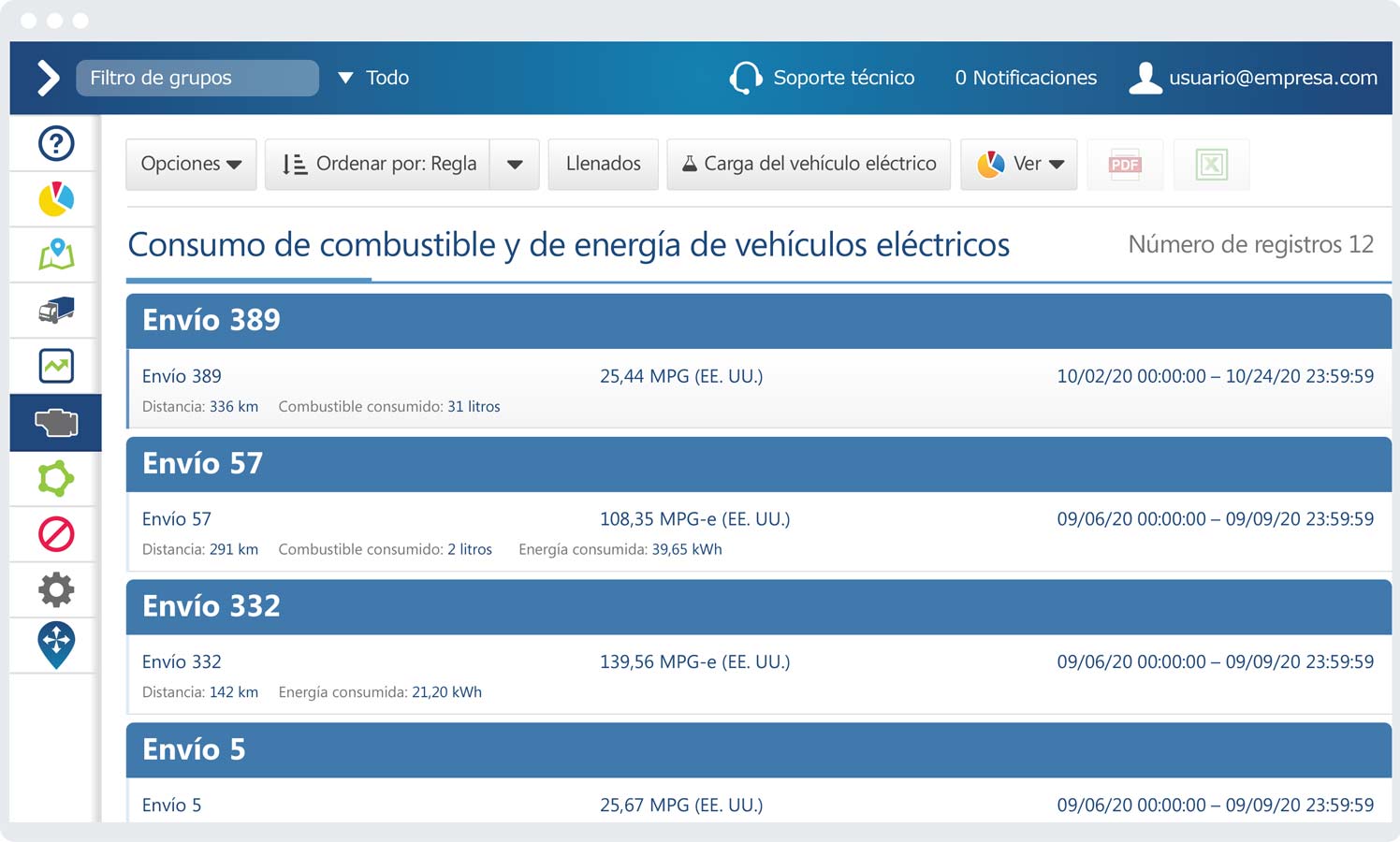 Informe de consumo de combustible y de energía de vehículo eléctrico en la interfaz de MyGeotab