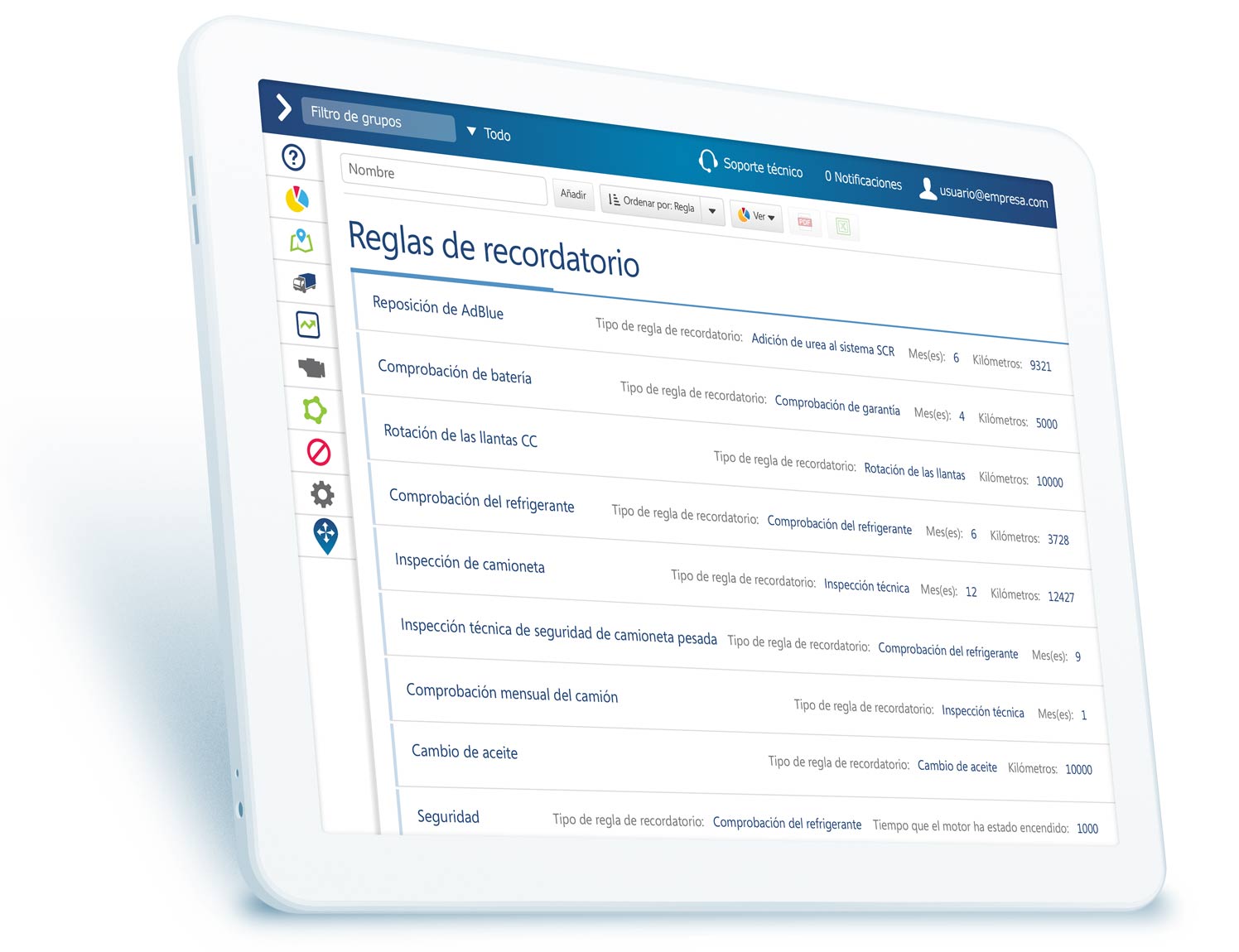 Reglas de recordatorio de MyGeotab mostradas en un iPad blanco.