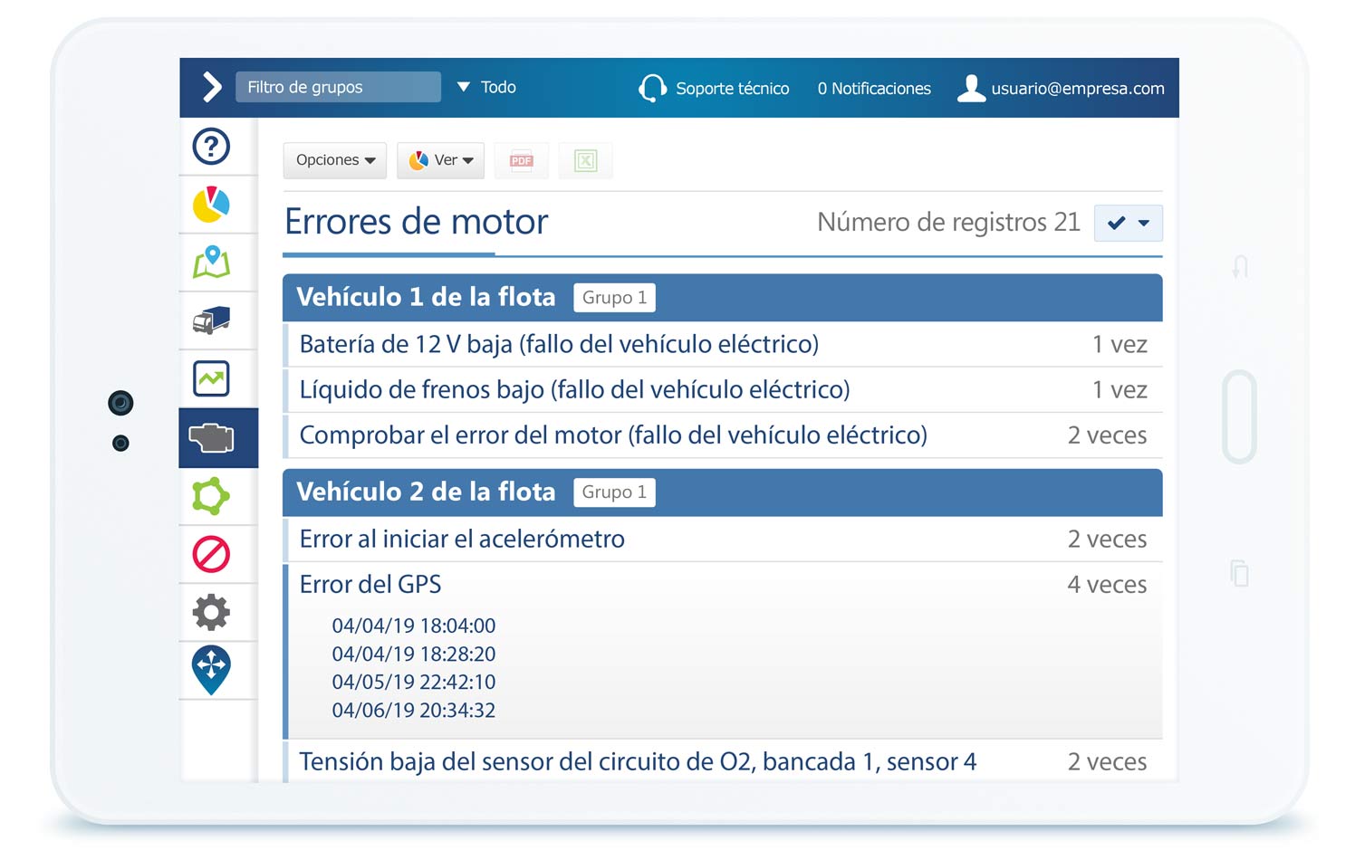 Smartphone blanco mostrando una tarjeta de puntos de seguridad del conductor de MyGeotab y el kilometraje semanal de la flota con una notificación por correo electrónico que sale de la pantalla e indica que se ha producido un evento de frenado brusco