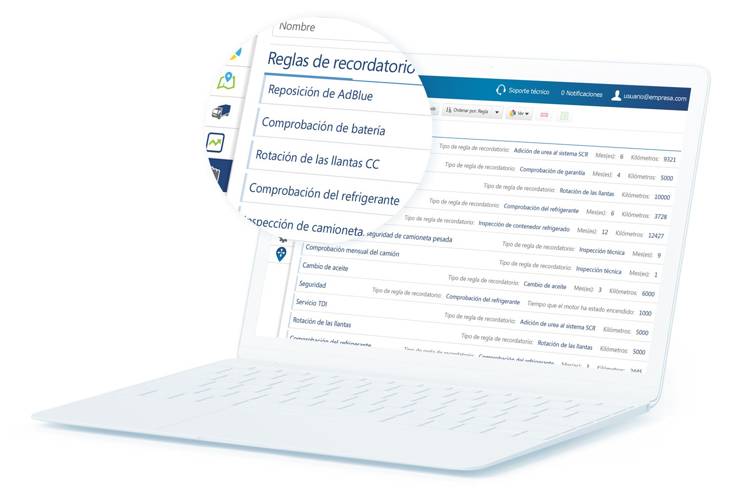 Reglas de recordatorio de mantenimiento de MyGeotab mostradas en un portátil blanco con un globo que amplía parte del contenido