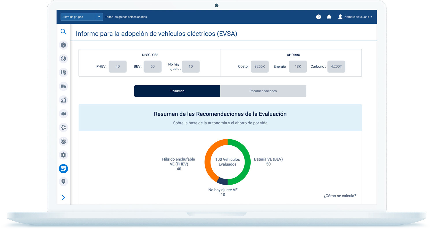 captura de pantalla de la herramienta de evaluación de sostenibilidad de vehículos eléctricos de Geotab que muestra un ejemplo del tipo de recomendaciones que un usuario podría ver.