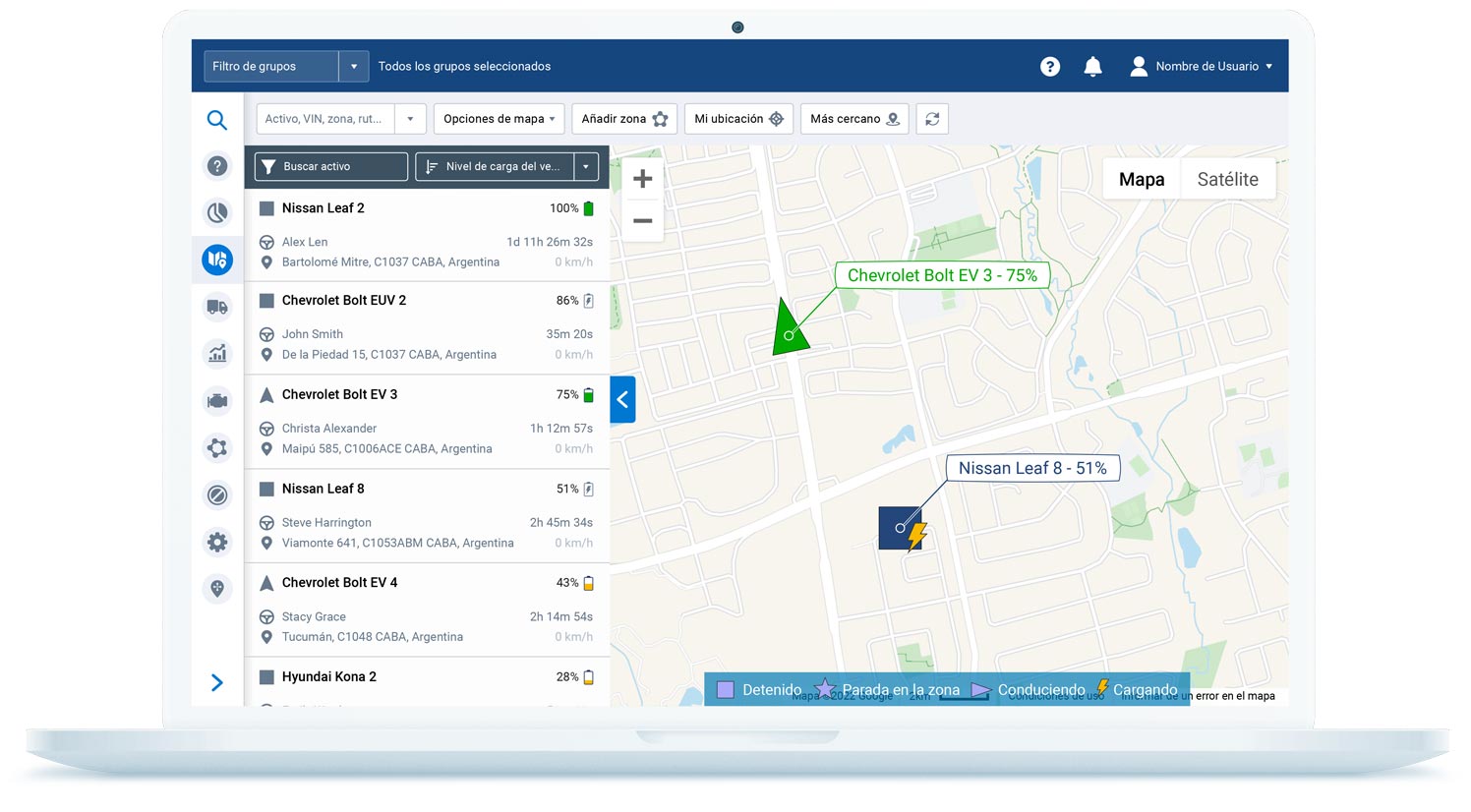 El software telemático puede mostrar los vehículos, con su SOC en tiempo real, en una vista de mapa en vivo. Esto le permite despachar el vehículo más cercano con la carga suficiente de batería, lo que hace que el uso de los vehículos sea el más eficiente.