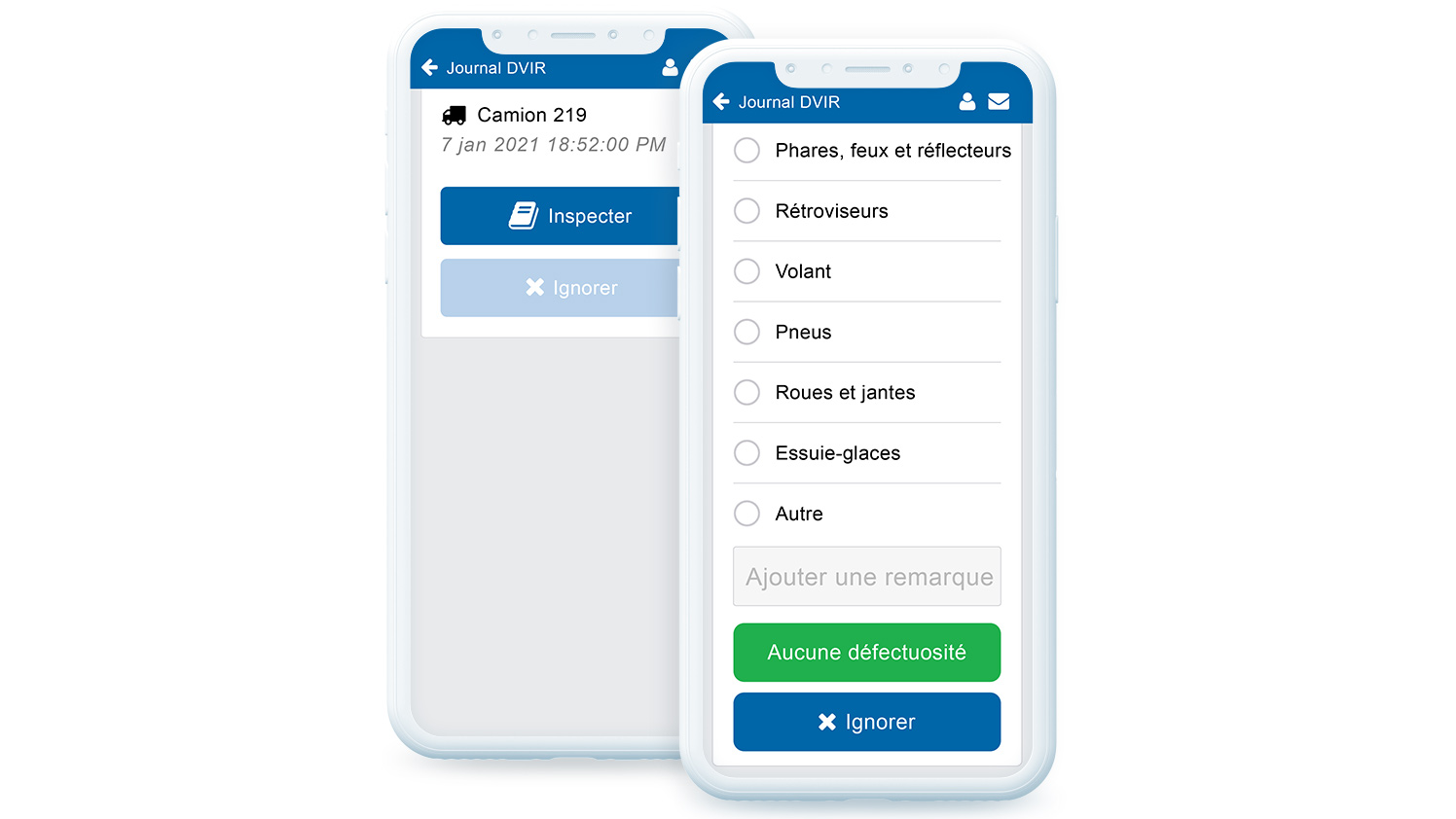 Liste de contrôle du DVIR Deux téléphones intelligents affichant les journaux d’inspection DVIR