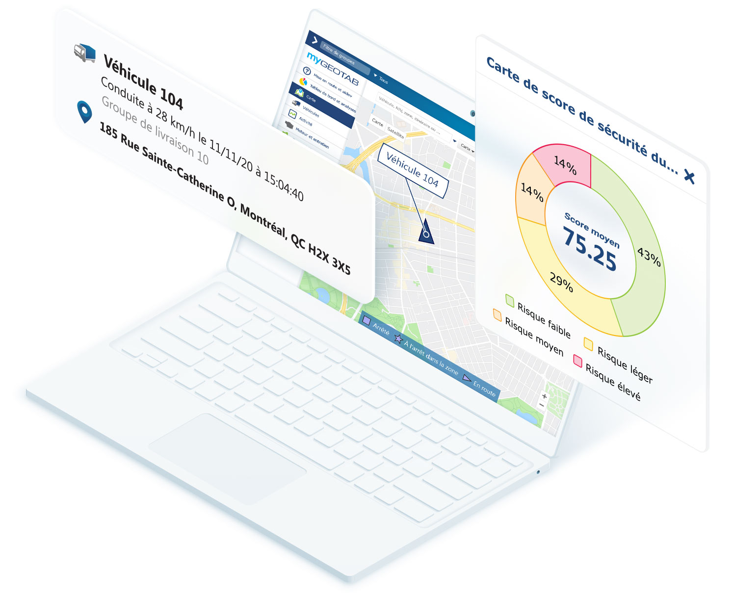 Données de sécurité de la flotte dans MyGeotab Ordinateur portable blanc affichant la carte MyGeotab avec les données du véhicule et la carte de score de sécurité du conducteur superposée à l’écran