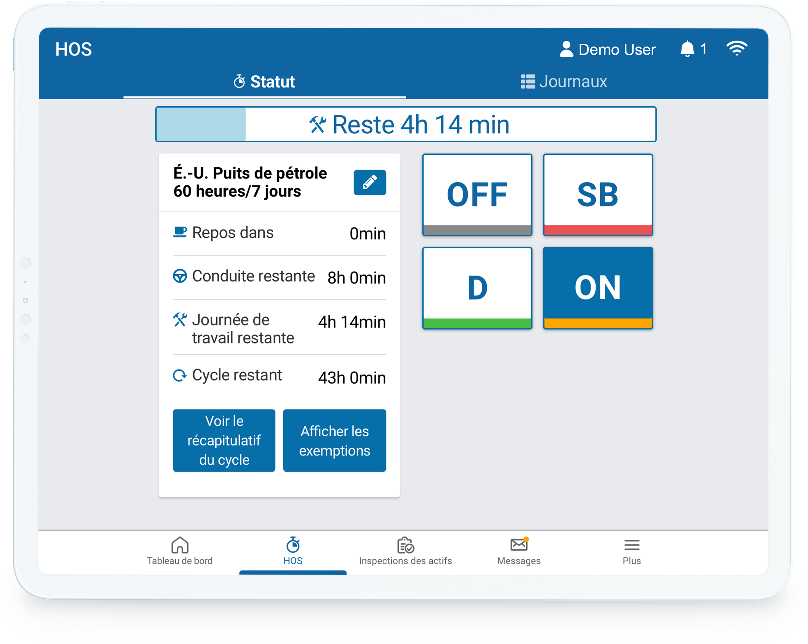 Tableau de bord de disponibilité HOS dans MyGeotab Tableau de bord de disponibilité HOS dans MyGeotab sur portable blanc