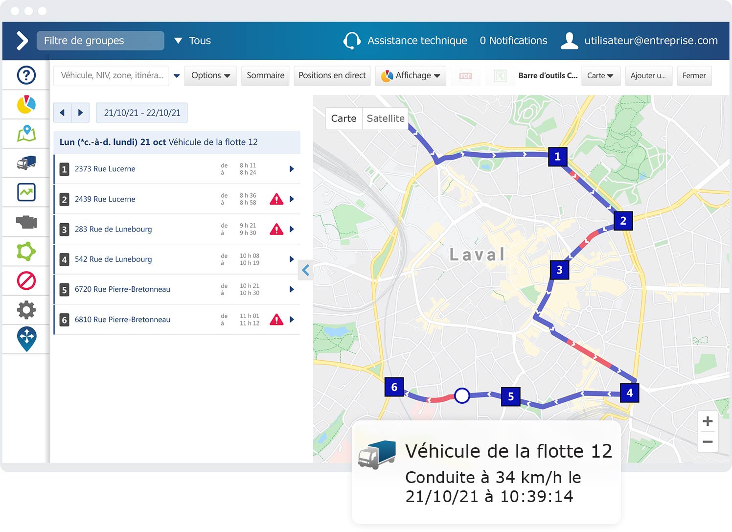 Rapport d'historique des voyages dans MyGeotab Rapport sur l’historique des trajets dans l’IU MyGeotab dans une fenêtre de navigateur