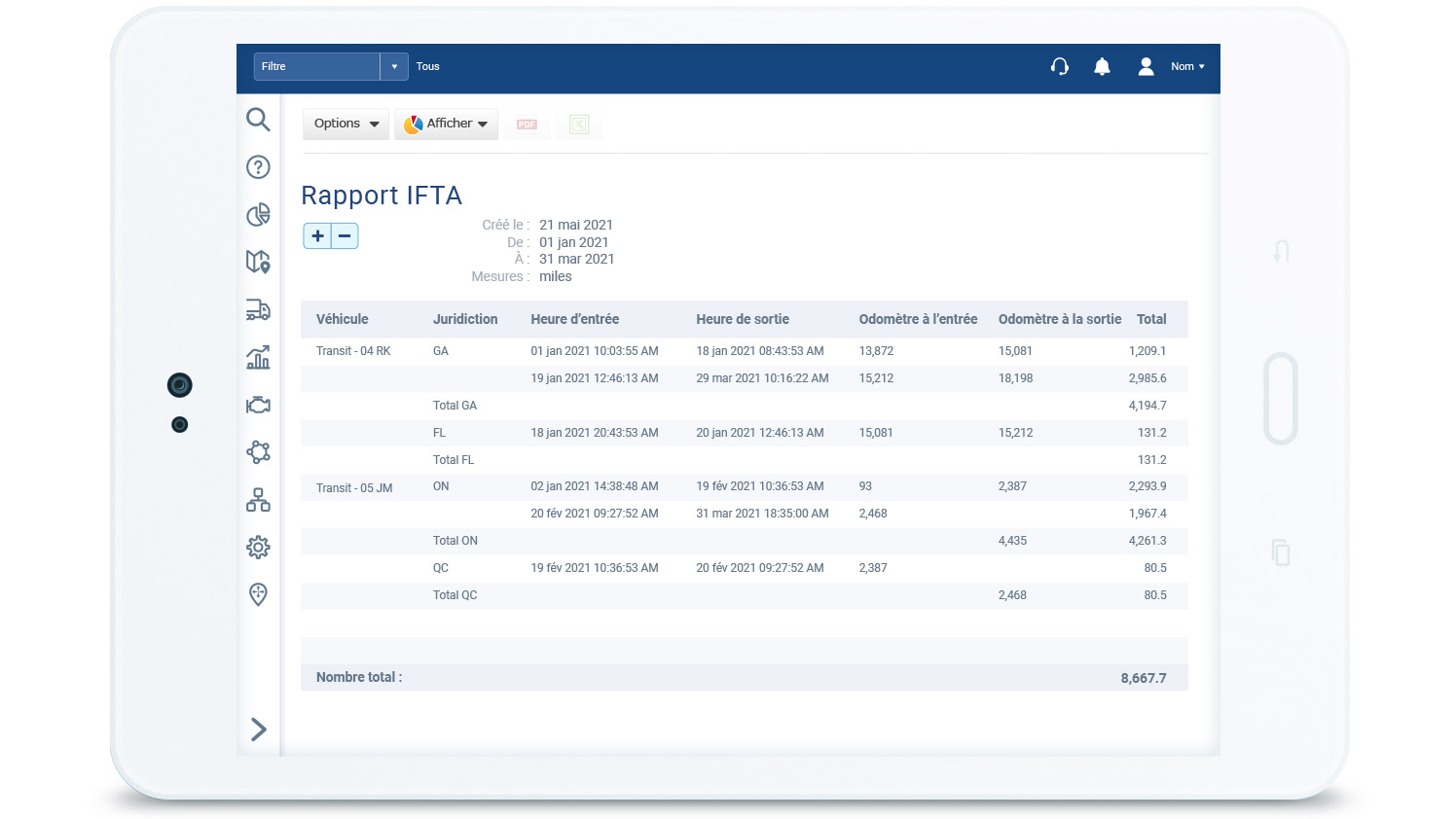 Rapport IFTA dans MyGeotab Rapport IFTA dans MyGeotab affiché sur une tablette blanche