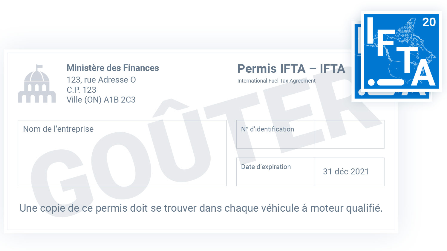 Exemple de licence IFTA Exemple de licence IFTA avec autocollant IFTA bleu vif dans un coin