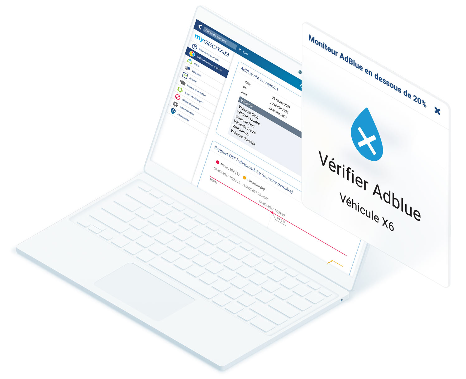 Ordinateur montrant comment vérifier le niveau d'AdBlue dans MyGeotab