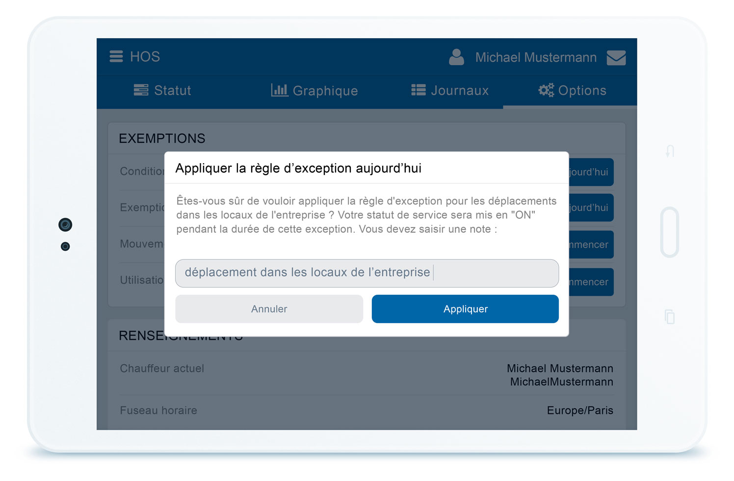 Fenêtre des exemptions sur l’interface MyGeotab