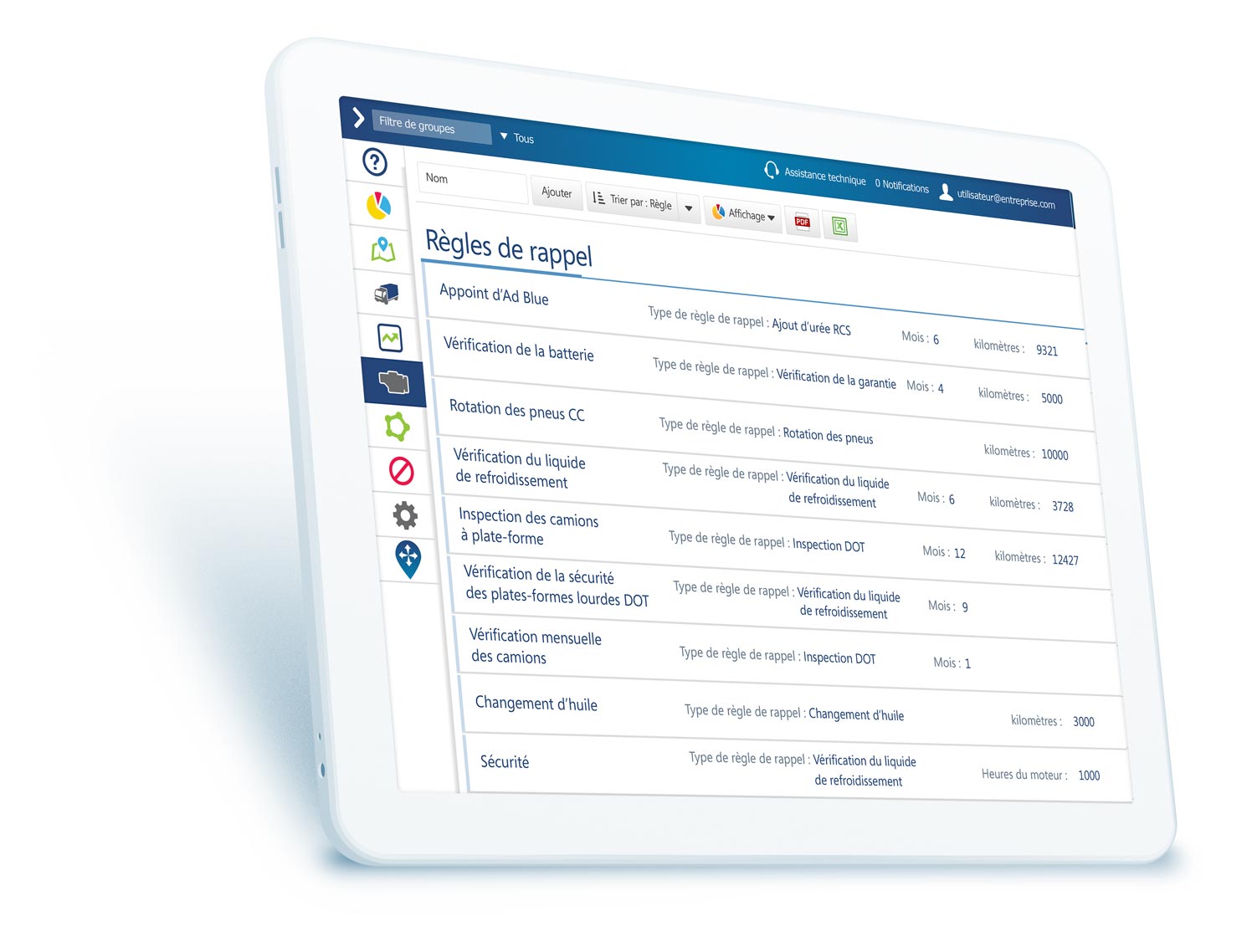 Règles de rappel MyGeotab affichées sur un iPad blanc.